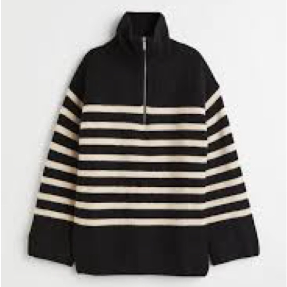 HM Striped Half-Zip Rib-Knit Sweater Black White Nautical Pullover Small